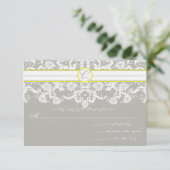 Gray Damask Wirbel Bright Yellow Wedding RSVP Karte (Stehend Vorderseite)