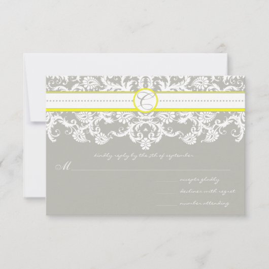 Gray Damask Wirbel Bright Yellow Wedding RSVP Karte (Vorderseite)