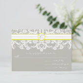 Gray Damask Wirbel Bright Yellow Wedding RSVP Karte (Stehend Vorderseite)
