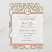 Gray Damask with Coral & Greige Wedding Einladung (Vorne/Hinten)