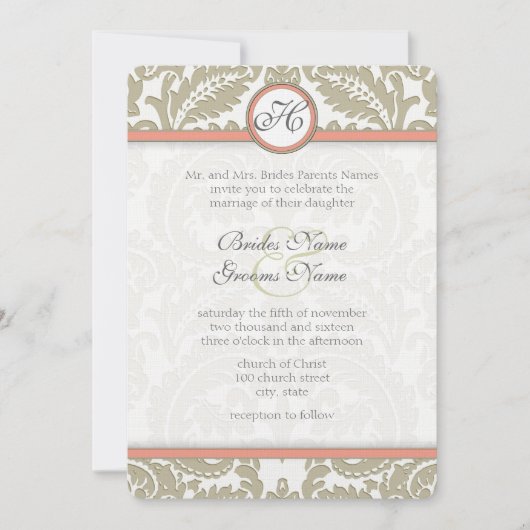 Gray Damask with Coral & Greige Wedding Einladung (Vorderseite)