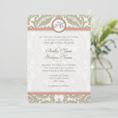 Gray Damask with Coral & Greige Wedding Einladung (Stehend Vorderseite)