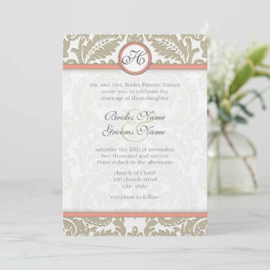 Gray Damask with Coral & Greige Wedding Einladung (Stehend Vorderseite)