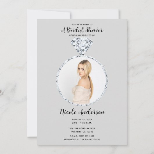 Gray Diamond Wedding Bling Ring Brautparty Einladung (Vorderseite)