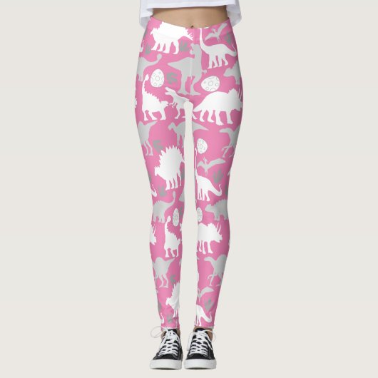Gray Dino Pattern L Pink BG Leggings (Vorderseite)