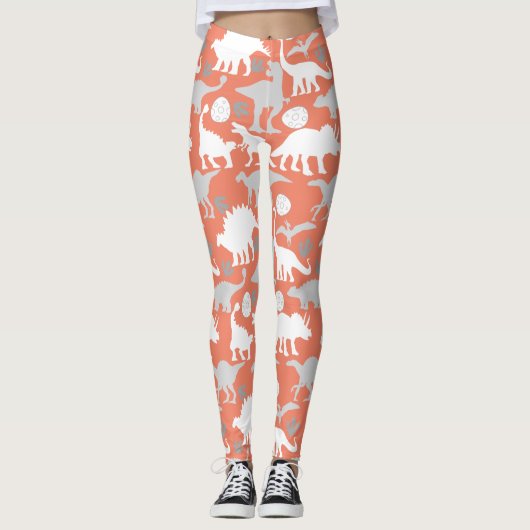 Gray Dino Pattern Orange BG Leggings (Vorderseite)