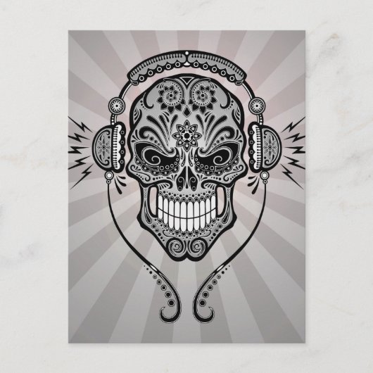 Gray DJ Sugar Skull mit Lichtstrahlen Postkarte (Vorderseite)
