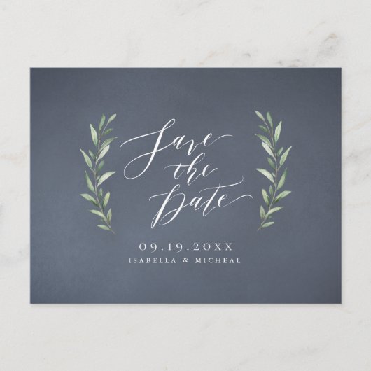 Gray einfache Kalligraphie rustikale grüne Hochzei Ankündigungspostkarte (Vorderseite)