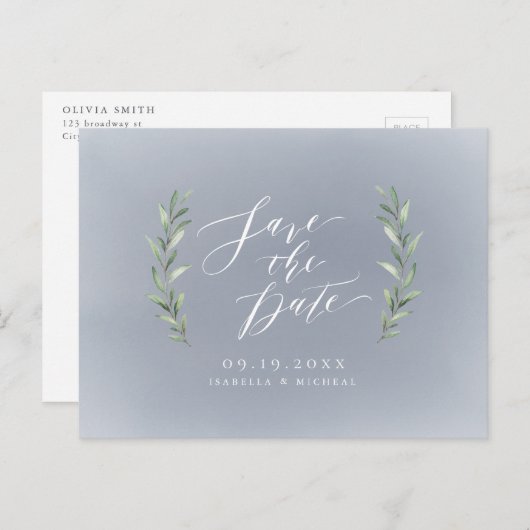 Gray einfache Kalligraphie rustikale grüne Hochzei Ankündigungspostkarte (Vorne/Hinten)