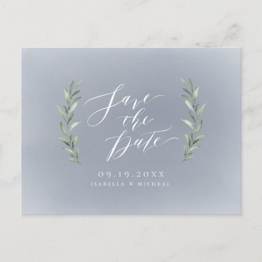Gray einfache Kalligraphie rustikale grüne Hochzei Ankündigungspostkarte (Vorderseite)