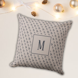Gray Elegant Christmas Trees Blue Monogram Kissen