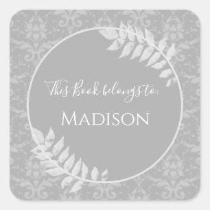 Gray Elegant Damask Buchsticker Quadratischer Aufkleber