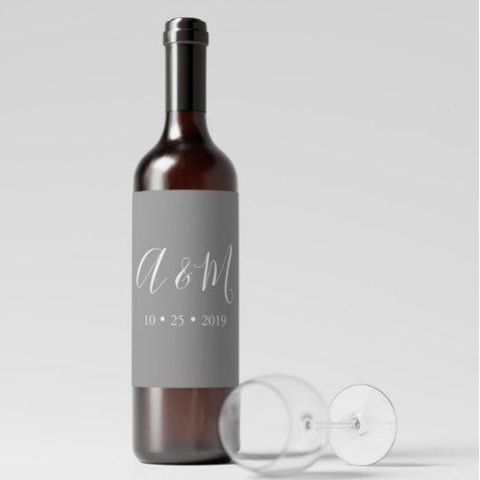 Gray Elegant Monogram Wedding Wine Label Weinetikett