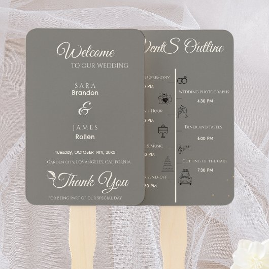 Gray Elegant Script Wedding Program und Timeline Fächer