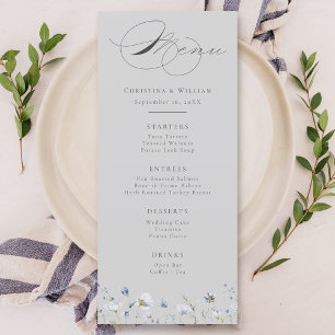 Gray Elegant Winter Wildblumen Hochzeit Menükarte