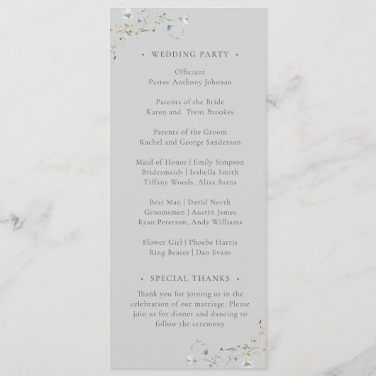 Gray Elegant Winter Wildblumen Hochzeit Programm (Rückseite)
