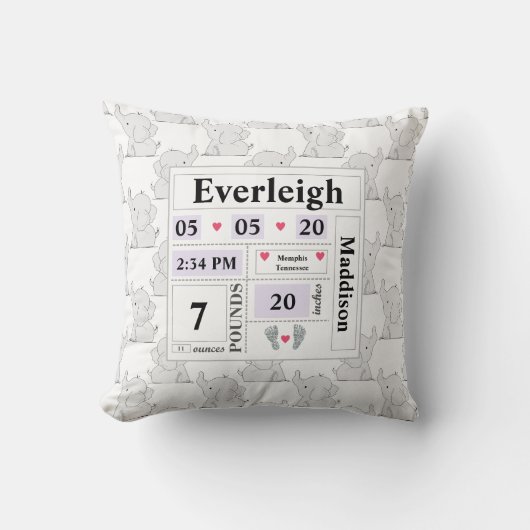 Gray Elephant Pattern Baby Announctions Stats Prpl Kissen (Vorderseite)