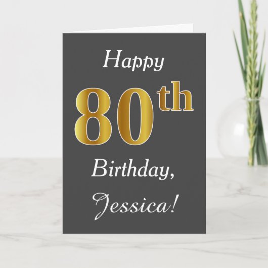 Gray, Faux Gold 80th Birthday + Custom Name Karte (Vorderseite)
