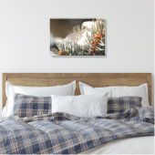 Gray Feather in Snowy Evergreen Branch Leinwanddruck (Insitu (Schlafzimmer))