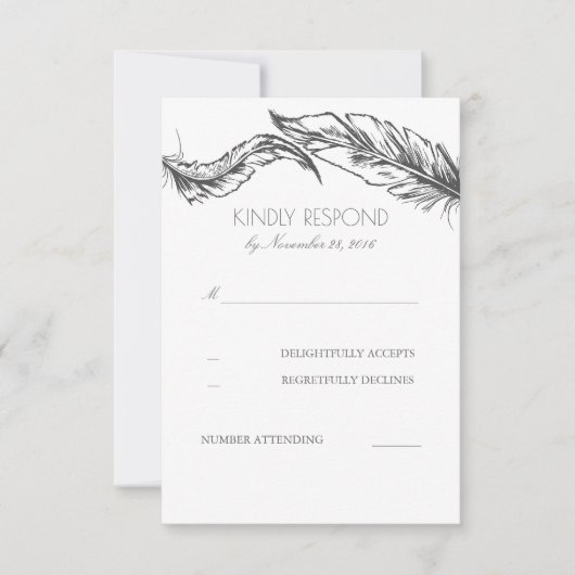 Gray Feathers White Elegante Wedding UAWG RSVP Karte (Vorderseite)