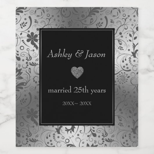 Gray Floral Damask Weinetikett (Einzelnes Label)