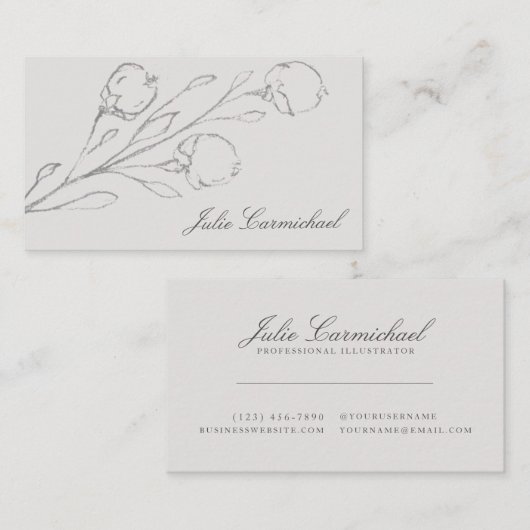 Gray Floral Sketch Elegante Visitenkarte (Vorne/Hinten)