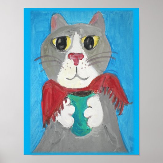 Gray Folk Art Cat mit Kaffeemaschine Poster (Vorne)