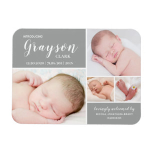 Gray Foto Collage Baby Birth Announcement Magnet