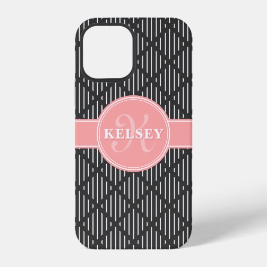 Gray Geometric Line Diamond Muster Pink Monogram iPhone Hülle (Rückseite)