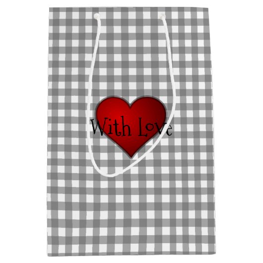 Gray Gingham Rotes Herz mit Liebe Mittlere Geschenktüte (Vorderseite)