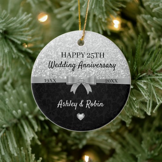 Gray Glitter And Black Damask Keramik Ornament (Baum)