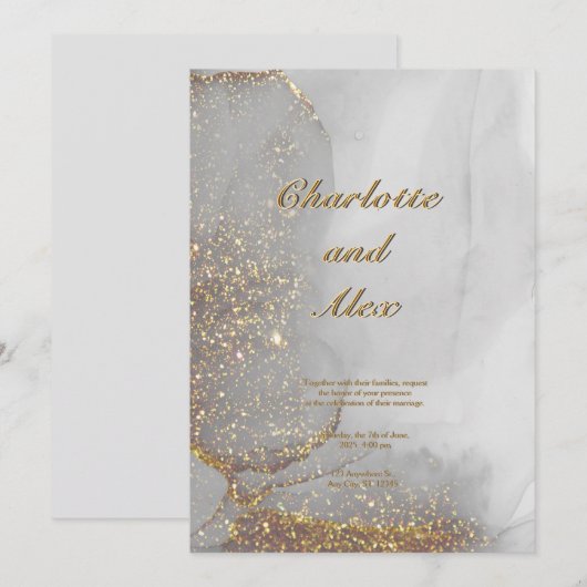 Gray Glitter Chic Alcohol Ink Wedding Invitation Einladung (Vorne/Hinten)
