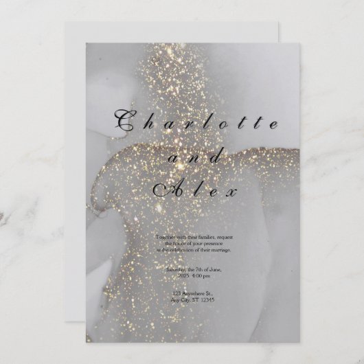 Gray Glitter Elegant Ink Wedding Invitation Einladung (Vorne/Hinten)