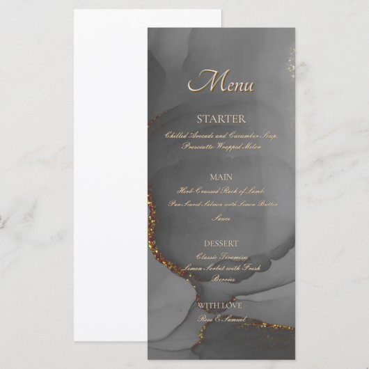 Gray Glitzer Alcohol Ink Elegantes Flachbildschirm Menükarte (Vorne/Hinten)
