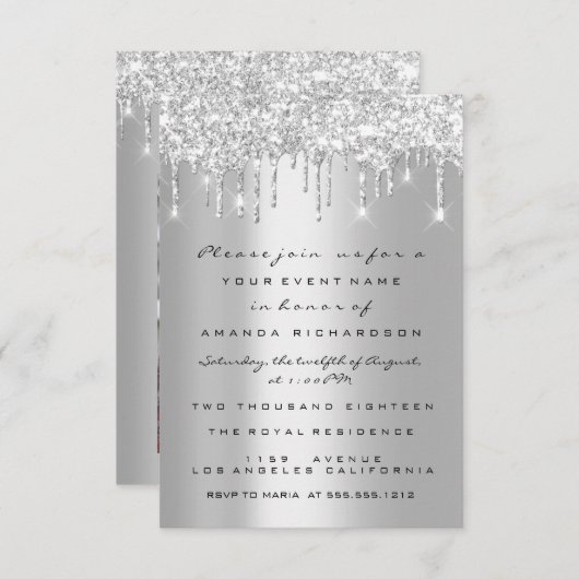 Gray Glitzer Tropfen Silver Bridal Sweet 16. Spark Einladung (Vorne/Hinten)