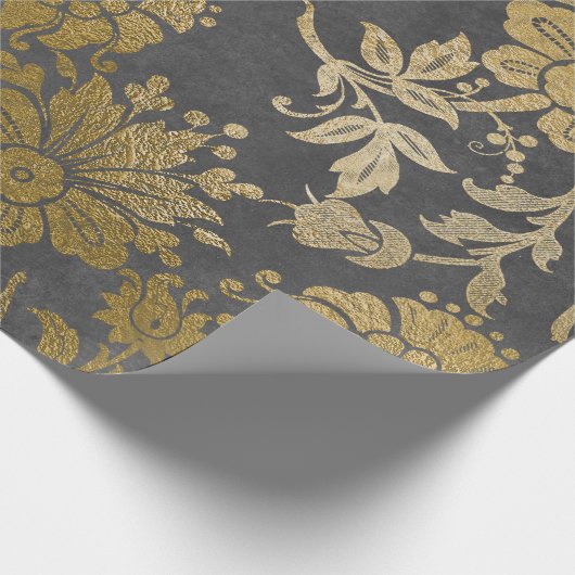 Gray Gold Big Blume Hütte Damask Graphit Geschenkpapier (Ecke)