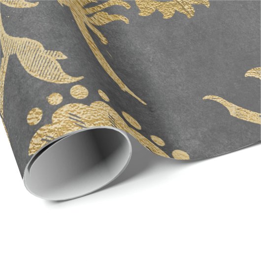 Gray Gold Big Blume Hütte Damask Graphit Geschenkpapier (Rolleneckpunkt)