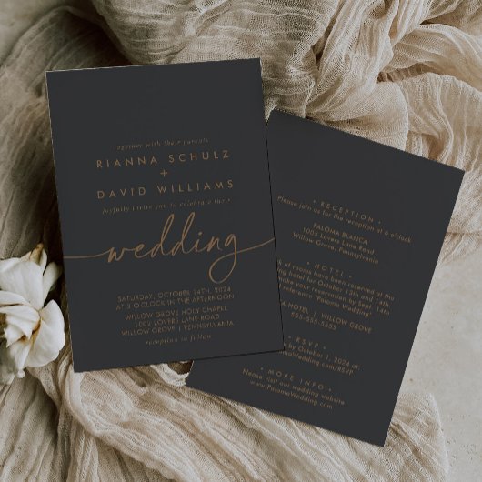 Gray Gold Classic Front & Back Wedding Einladung