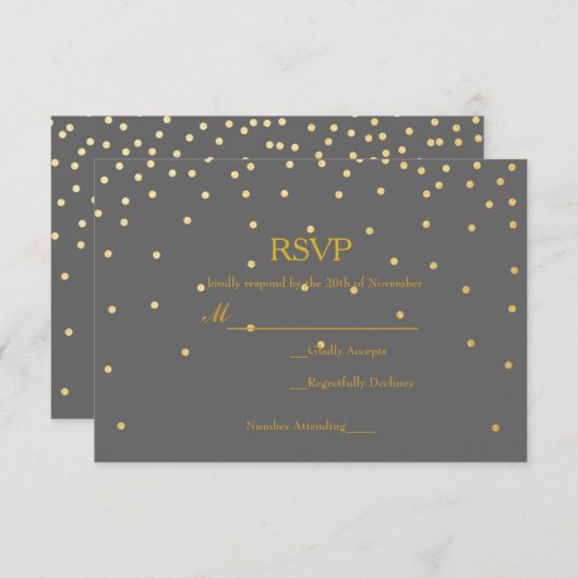Gray & Gold Foil Confetti Dots Wedding RSVP Card (Vorne/Hinten)