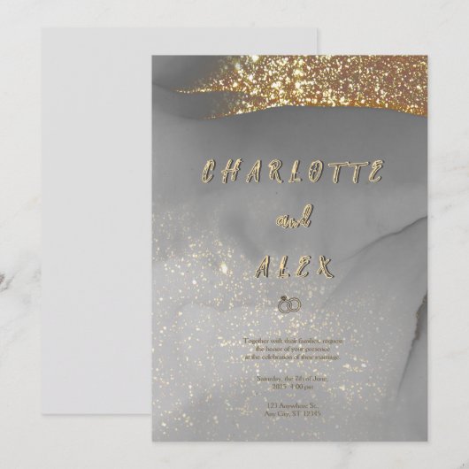 Gray Gold Glitter Chic Ink Wedding Invitation Einladung (Vorne/Hinten)