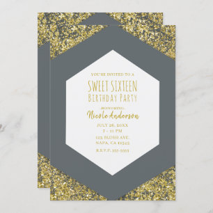 Gray & Gold Glitzer Flakes Glam Sweet 16 Party Einladung