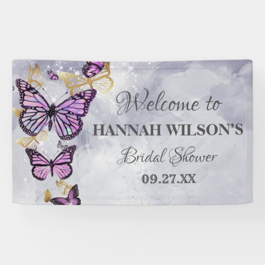Gray Gold Lila Butterfly Elegantes Brautparty Banner (Horizontal)