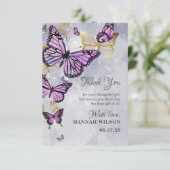 Gray Gold Lila Butterfly Elegantes Brautparty Dankeskarte (Stehend Vorderseite)