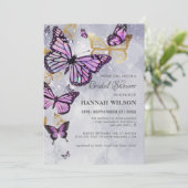 Gray Gold Lila Butterfly Elegantes Brautparty Einladung (Stehend Vorderseite)