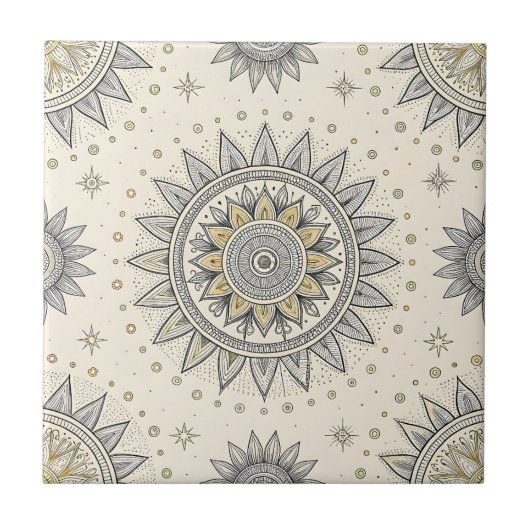 Gray Gold Mandala Pattern Fliese (Vorderseite)
