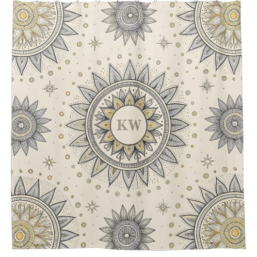 Gray Gold Mandala Pattern Monogram Duschvorhang (Vorderseite)