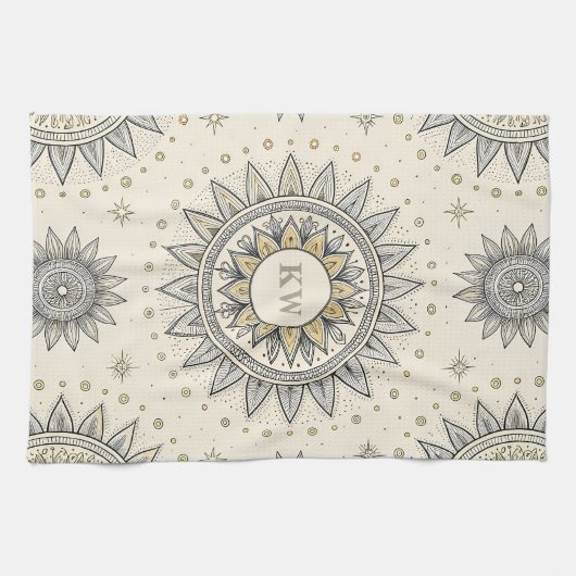 Gray Gold Mandala Pattern Monogram Geschirrtuch (Horizontal)