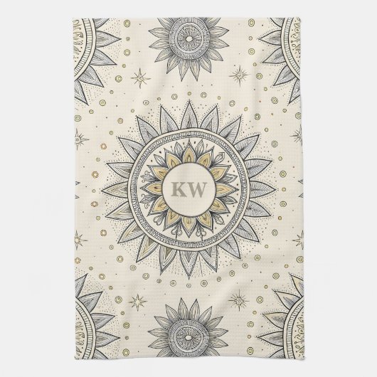 Gray Gold Mandala Pattern Monogram Geschirrtuch (Vertikal)