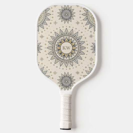 Gray Gold Mandala Pattern Monogram Pickleball Schläger (Rückseite)