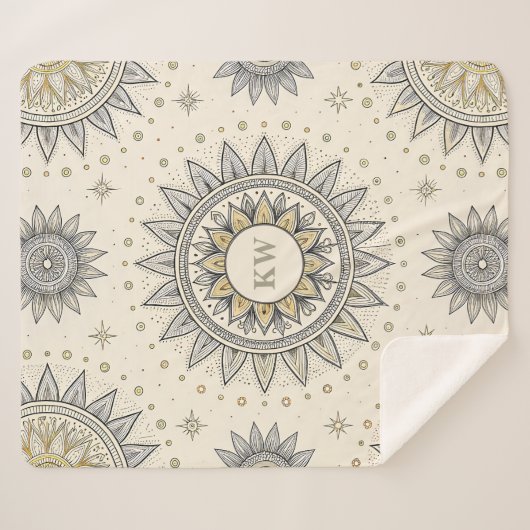 Gray Gold Mandala Pattern Monogram Sherpadecke (Vorderseite (Horizontal))